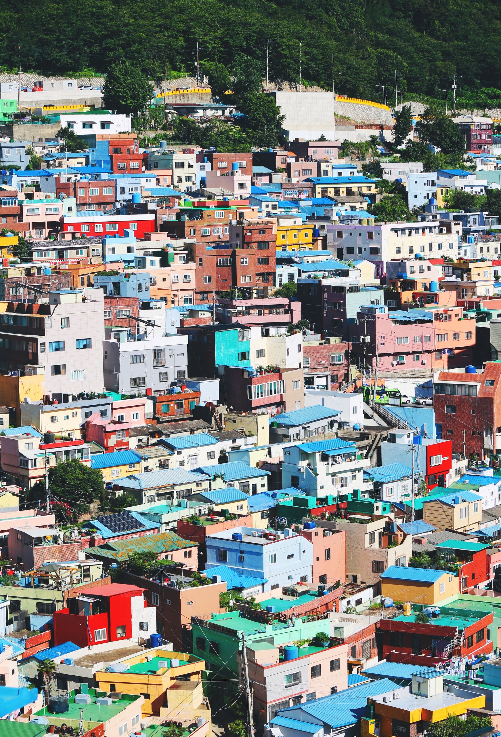 Vibrant aerial shot capturing the colorful hillside village of Gamcheon in Busan, South Korea.